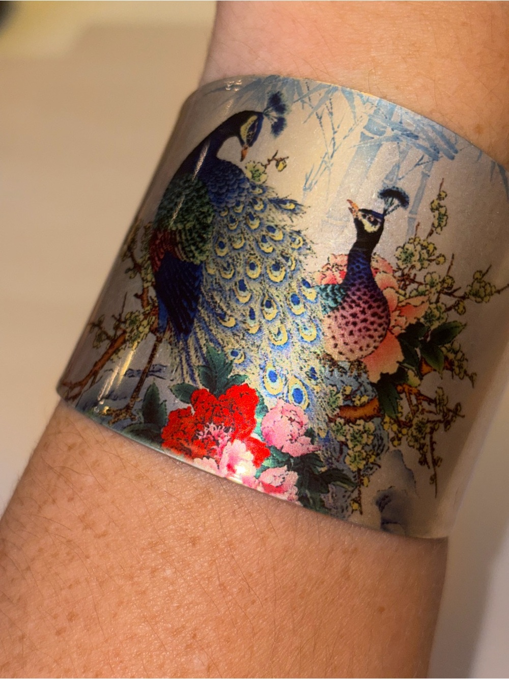 Wide Peacock Cuff Bracelet Asian Art Floral Silver Tone Statement Jewelry